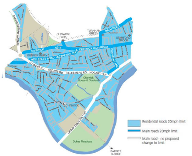 map of proposed 20 mph zone in chiswick 