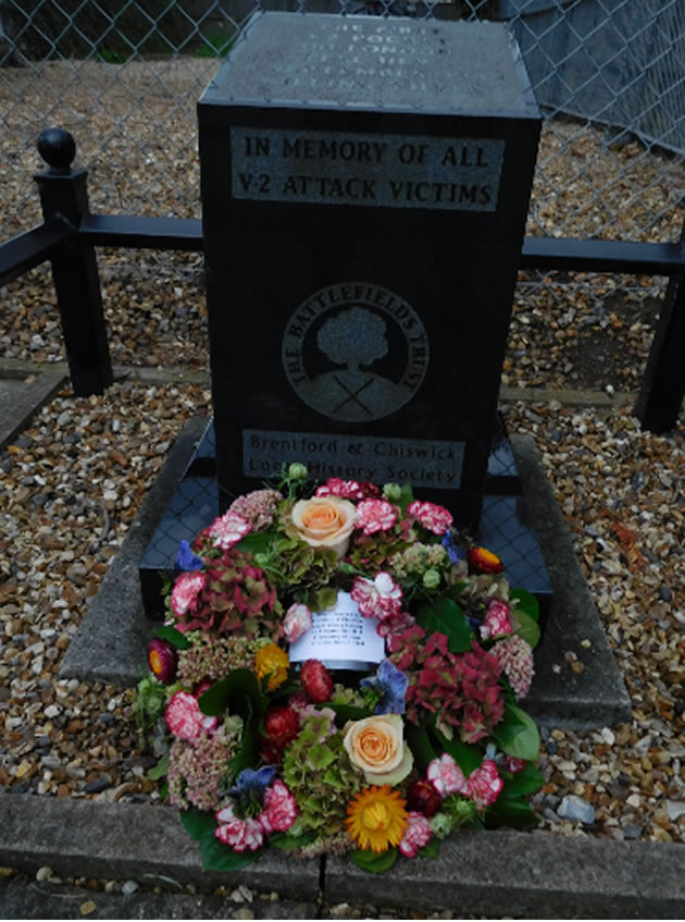 wreath laid at memorial to V2 bomb in Staveley Road 