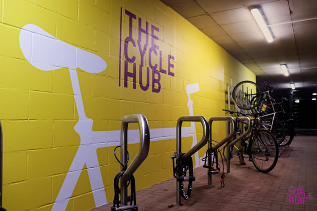 There is a cycle hub under each of the buildings in the development