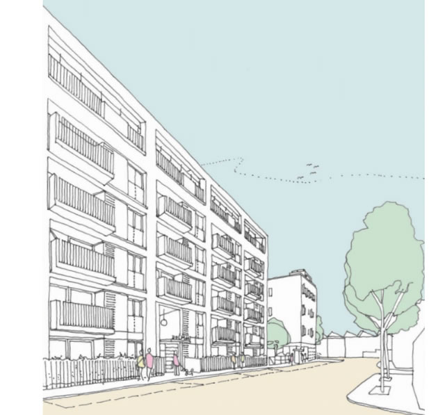 A six story building of flats will run along Dolman Road - visualisation from planning application 