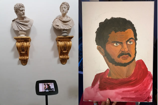 The painting of Caracalla (right) is contrasted with the white marble busts