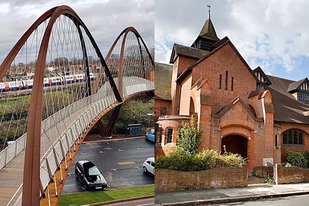 Chiswick Business Park footbridge and St. Michael's Church 