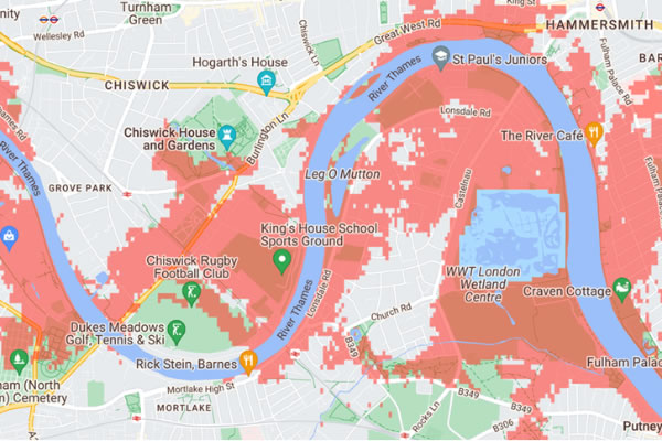 Climate Central's interactive map showing land projected to be below the Thames tideline in 2100