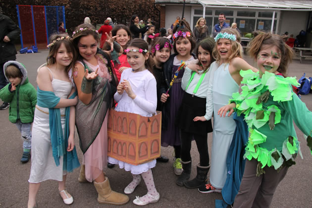 Children at Grove Park School with costumes linked to Shakespeare