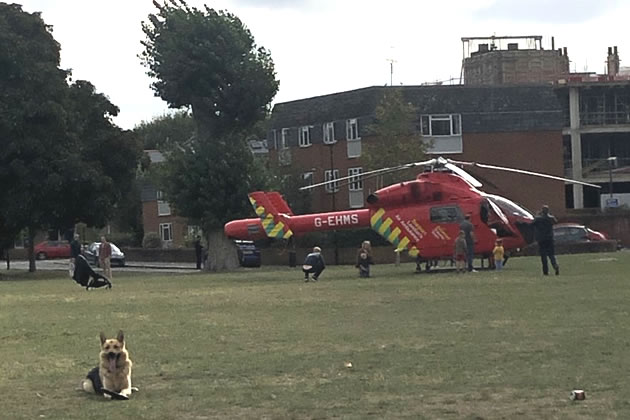 Helicopter ambulance lands on Chiswick Back Common