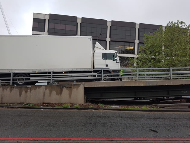 Side view of stuck lorry. Picture: Chris Lucy 