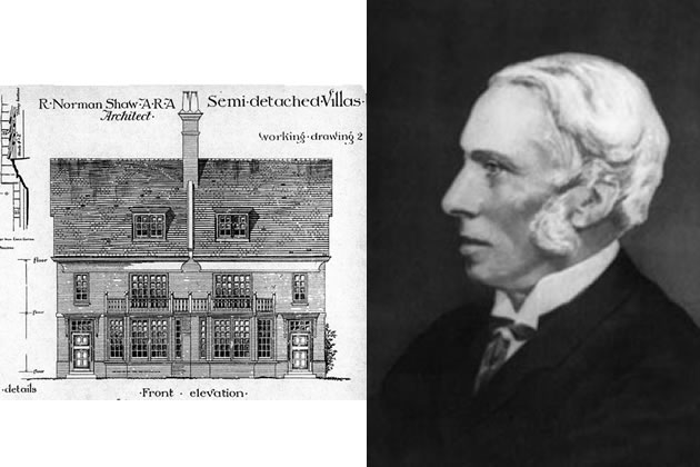 Norman Shaw (right) with one of his architectural plans 