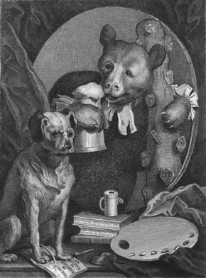 image of the william hogarth print of his pug representing the artist ' facing off his critics' 