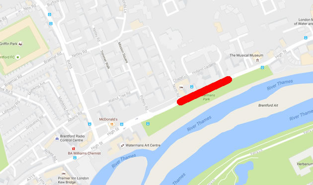 Closed section of Brentford High Street marked in red. Picture: Google