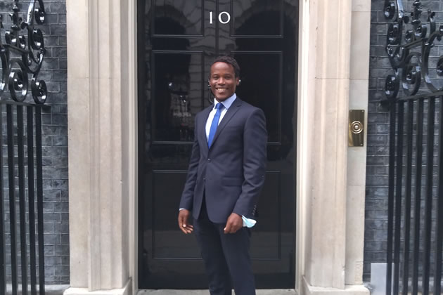 Councillor Ron Mushiso on the steps of 10 Downing Street 