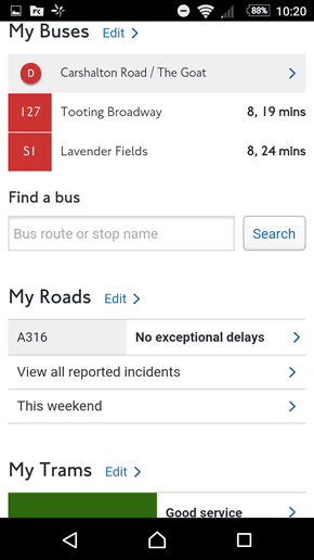 screenshot showing TfL service for favourite stops on commute