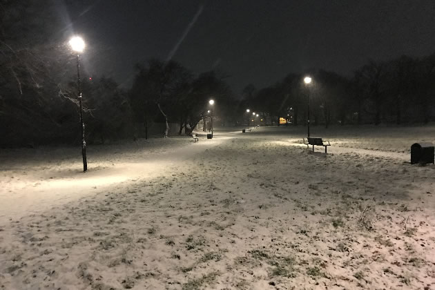 Acton Green in the snow on Sunday night 