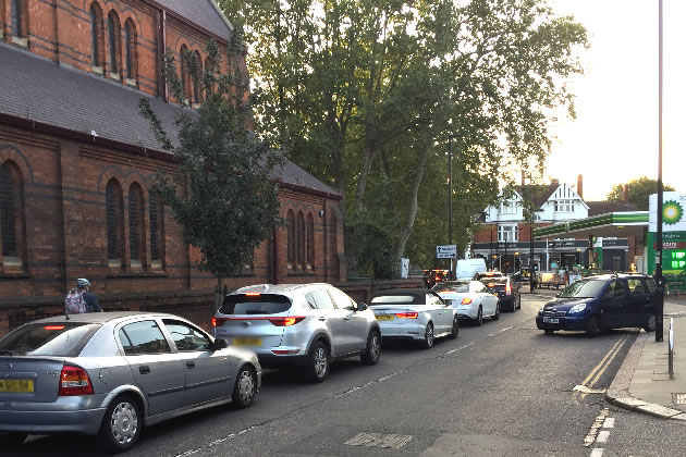 Traffic queues by St Alban's Church leading to Acton Lane 