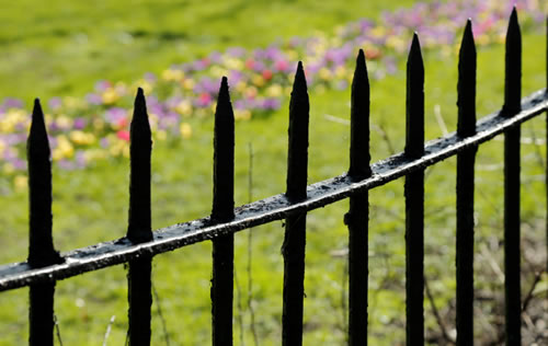 railing with flowers on lawn 