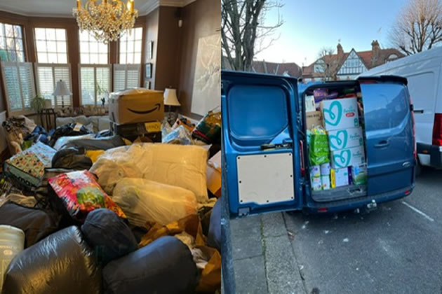 Left - Margie Frew's living room with the donations. Right - a van packed with supplies