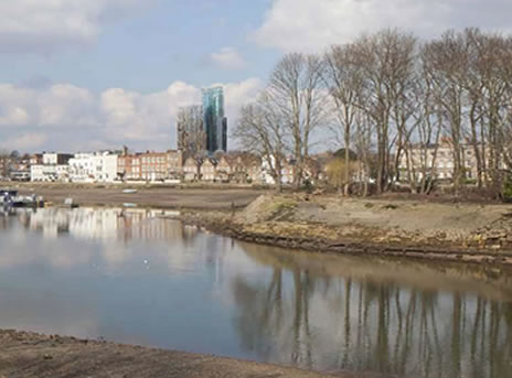 An imagined view of the proposed 32-storey Chiswick Curve from Strand on the Green 