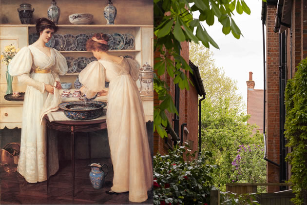 Left: One of the historical images included in the publication. Picture: Blue and White 1896, Louise Joplin. NMGM, Lady Lever Art Gallery. Right: An appealing vista between houses in Bedford Park. Picture: Ellen Rooney