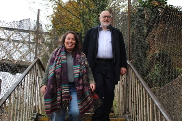 Cllrs Gabriella Giles and Peter Thompson on the Brooks Lane Footbridge 