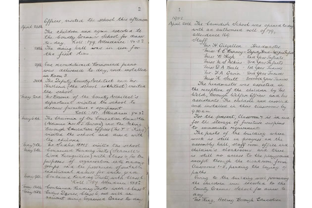 Two pages from an old logbook record from the Headmaster in the year the school opened