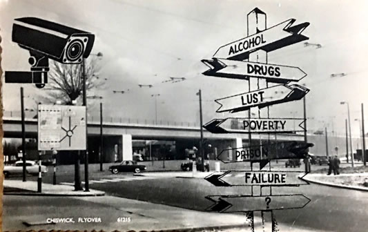 chiswick flyover old poster reimaged as a junction to poverty and drugs 