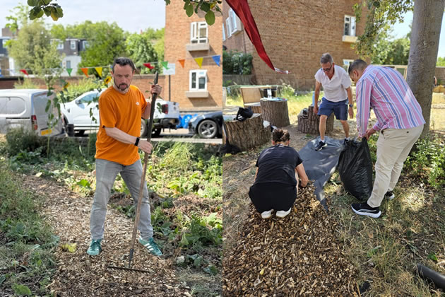 Left: Cllr Gary Malcolm with a rake. Right: Residents tidying up the area 