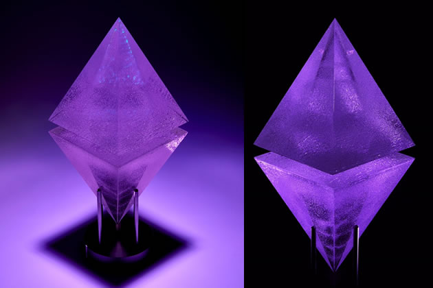 The glass sculpture is based on the logo for cryptocurrency Ethereum