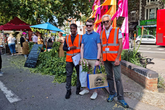 Cllr Mushiso, Jack Emsley (Conservative Candidate) and Cllr Gill at the 1st anniversary of Chiswick Flower market 