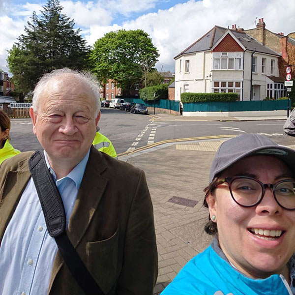Gabriella with former Chiswick Riverside Councillor Sam Hearn in 2019 on Oxford Road South with officers from Hounslow Highways after an inspection of the road