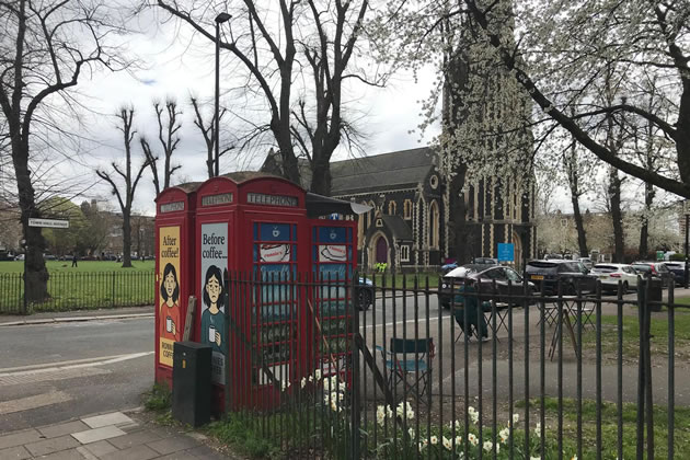 The traditional red phone boxes on Town Hall Avenue have been converted for use by a coffee stall 