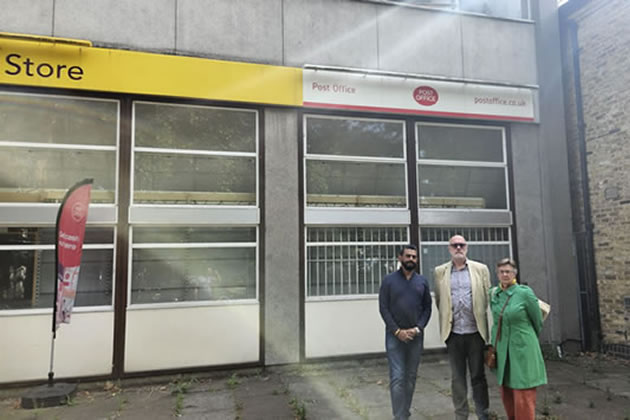 Cllr Peter Thompson (centre) and Cllr Joanna Biddolph (right) with Daxesh Patel who ran the Post Office until the closure earlier this year 