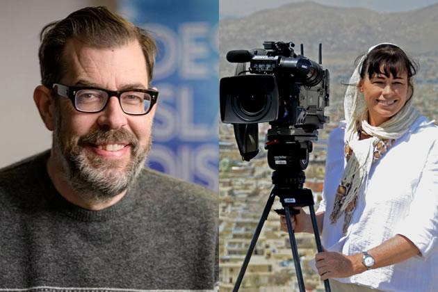 Richard Osman (left) and Julie Ritson on an assignment in Kabul (right) 