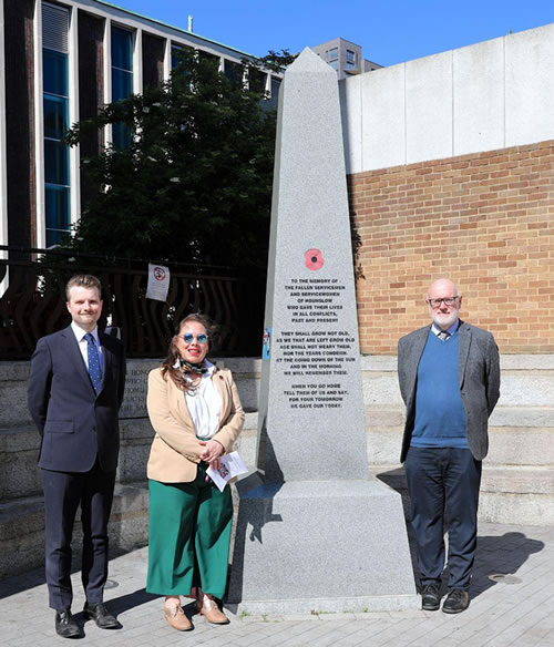 Cllr Gabriella Giles with Cllrs Jack Emsley and Peter Thompson at Hounslow’s 80th Anniversary VE Day Service at Holy Trinity Church, Hounslow.
