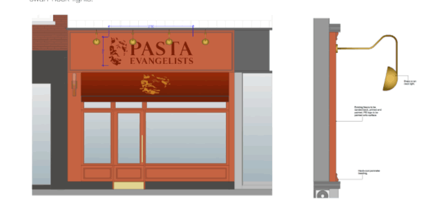 A drawing of the planned shop front and lighting from the planning application