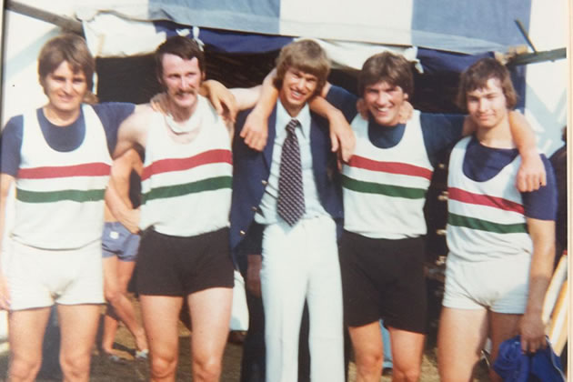 stroke Steve Simpole, Bob Milligan, coach Bill Mason, John Roberts and bow Tony Mallin 1975
