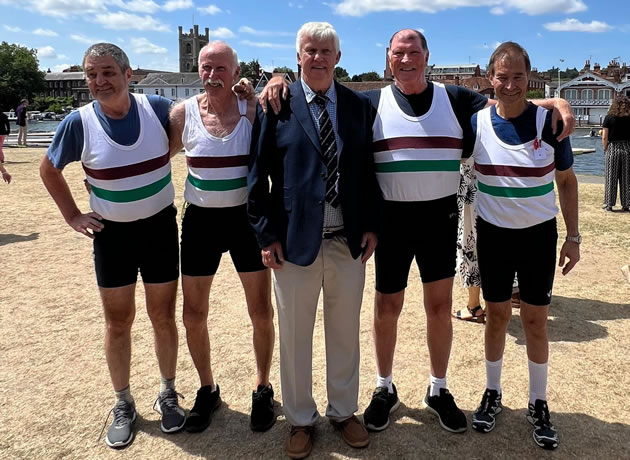 Left to right: stroke Steve Simpole, Bob Milligan, coach Bill Mason, John Roberts and bow Tony Mallin 1975