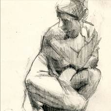 A drawing of a person kneeling  Description automatically generated